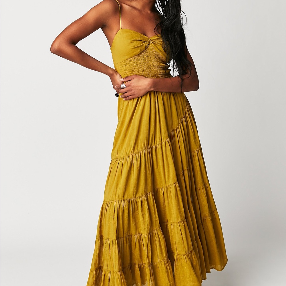 Free People Sundrenched Solid Maxi Dress Mustard Smocked Boho Tiered S - Picture 13 of 13